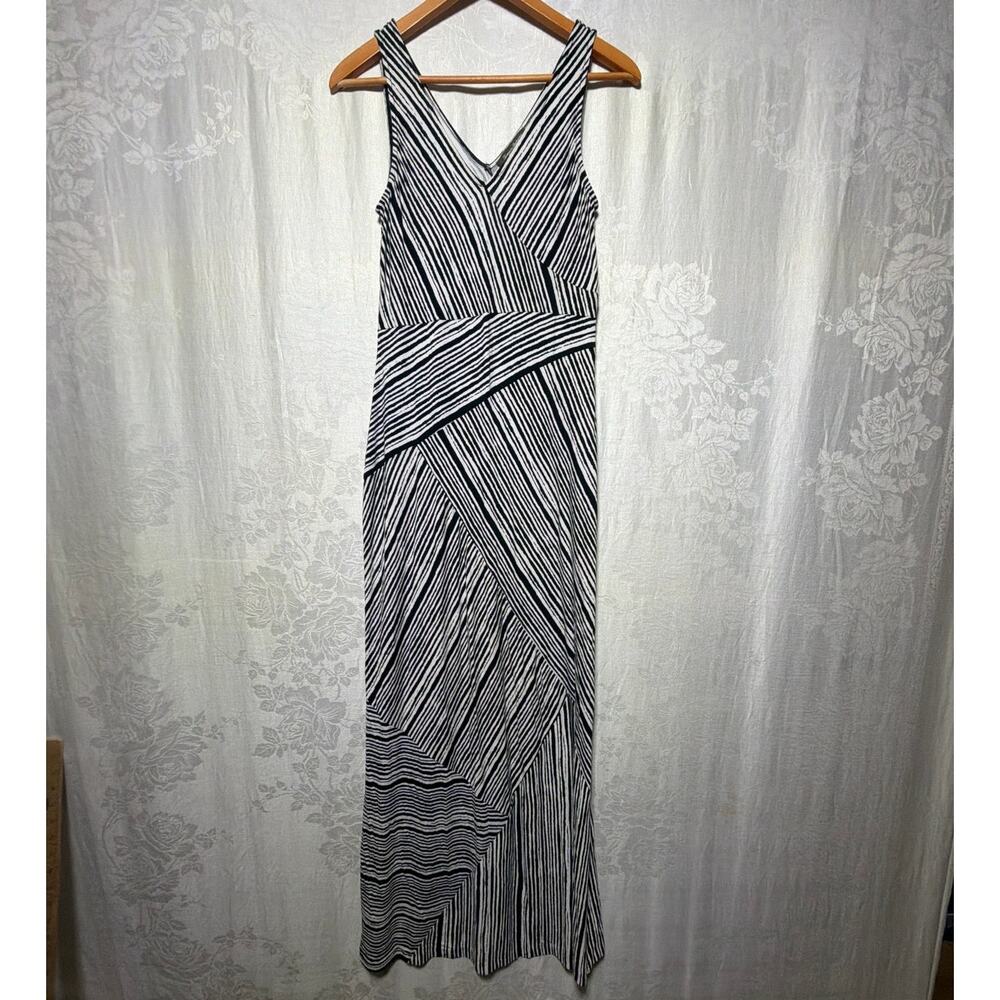 Tommy Bahama Maxi Dress Small Black White Asymmetric Patchwork Striped Terrance